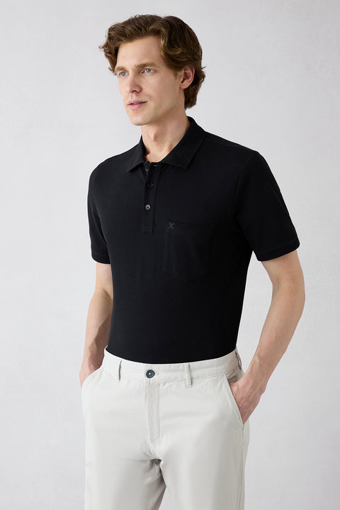 Siyah Kıvrılmaz Polo Yaka Regular Fit Cepli Ribana Detaylı Pamuk Tişört