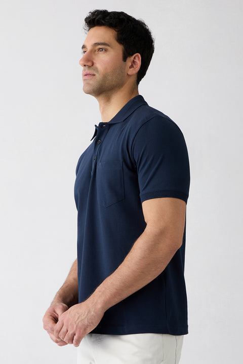 Dark Navy Anti-Roll Polo Neck Regular Fit Pocketed Ribbed Cotton T-Shirt