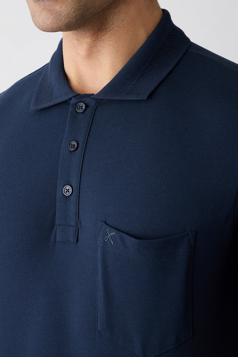 Dark Navy Anti-Roll Polo Neck Regular Fit Pocketed Ribbed Cotton T-Shirt
