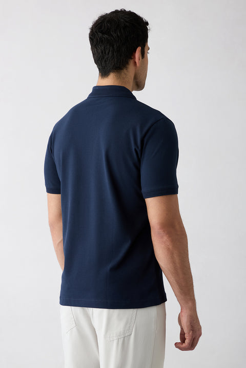 Dark Navy Anti-Roll Polo Neck Regular Fit Pocketed Ribbed Cotton T-Shirt