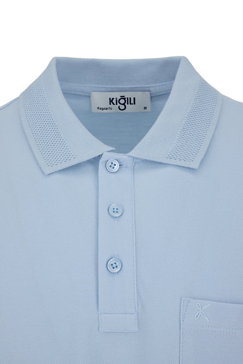Light Blue Non-Iron Polo Neck Regular Fit Pocketed Ribbed Cotton T-Shirt