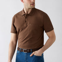 Orta Kahve Kıvrılmaz Polo Yaka Regular Fit Cepli Ribana Detaylı Pamuk Tişört