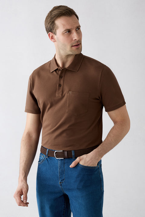 Orta Kahve Kıvrılmaz Polo Yaka Regular Fit Cepli Ribana Detaylı Pamuk Tişört