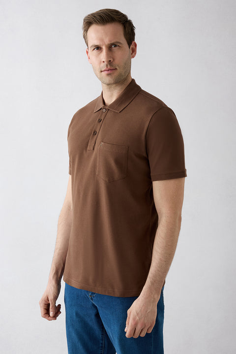 Orta Kahve Kıvrılmaz Polo Yaka Regular Fit Cepli Ribana Detaylı Pamuk Tişört