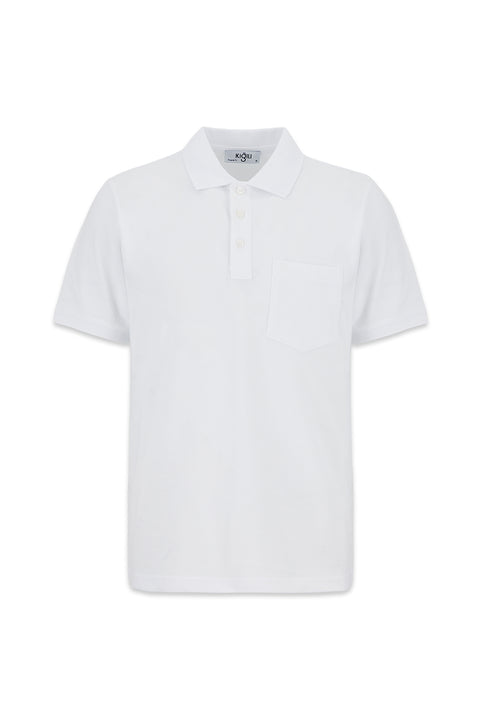 White Non-Curling Polo Collar Regular Fit Pocketed Ribbed Cotton T-Shirt
