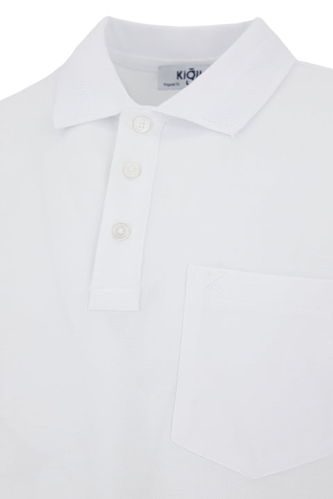 White Non-Curling Polo Collar Regular Fit Pocketed Ribbed Cotton T-Shirt