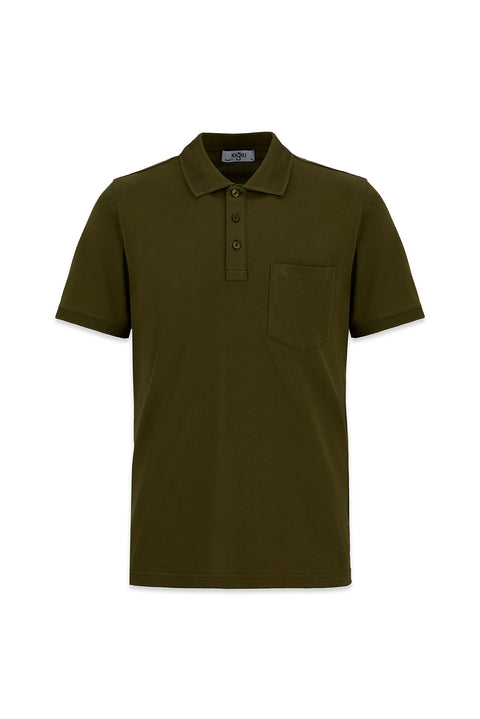 Medium Khaki Wrinkle-Free Polo Neck Regular Fit Pocketed Ribbed Cotton T-Shirt