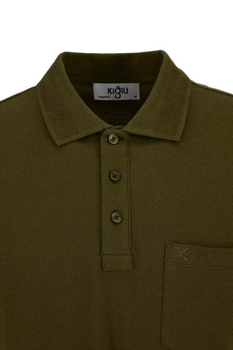 Medium Khaki Wrinkle-Free Polo Neck Regular Fit Pocketed Ribbed Cotton T-Shirt