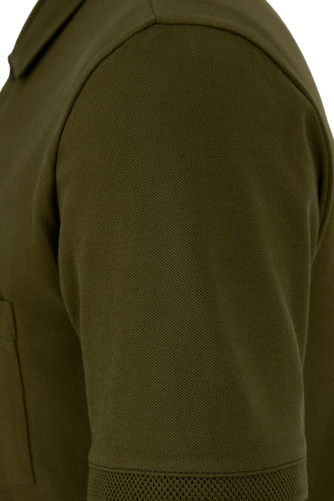 Medium Khaki Wrinkle-Free Polo Neck Regular Fit Pocketed Ribbed Cotton T-Shirt