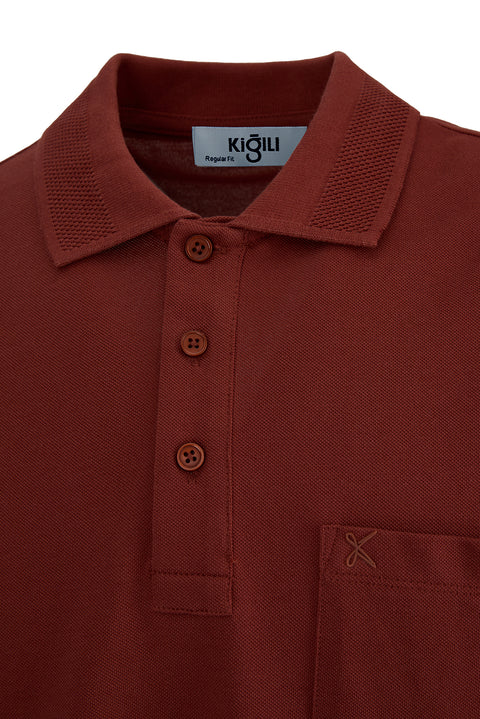 Orange Non-Wrinkle Polo Neck Regular Fit Pocketed Ribbed Cotton T-Shirt