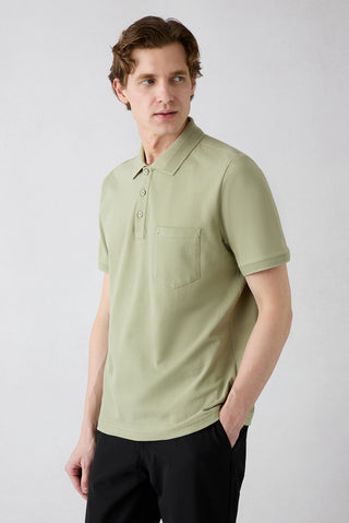  Orman Yeşili Kıvrılmaz Polo Yaka Regular Fit Cepli Ribana Detaylı Pamuk Tişört