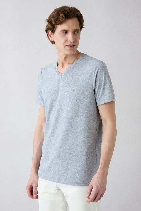 Açık Gri Melanj V Yaka Slim Fit Süprem Pamuklu Basic Tişört