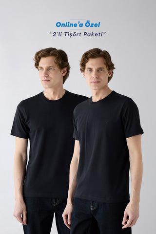  Siyah-Siyah Bisiklet Yaka Regular Fit %100 Pamuk 2'li Paket Basic Tişört Seti