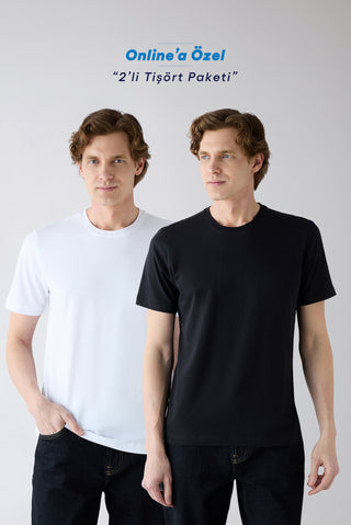  Siyah-Beyaz Bisiklet Yaka Regular Fit %100 Pamuk 2'li Paket Basic Tişört Seti