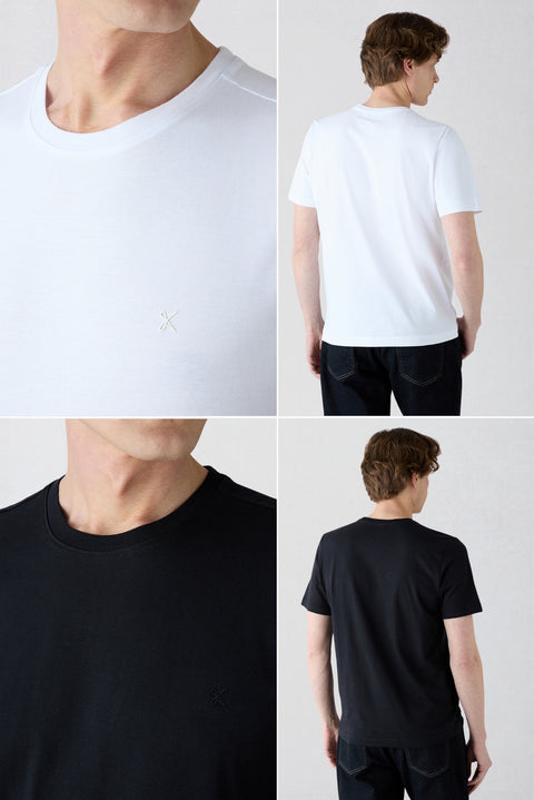 Siyah-Beyaz Bisiklet Yaka Regular Fit %100 Pamuk 2'li Paket Basic Tişört Seti
