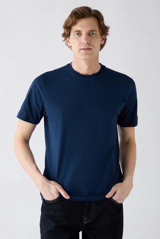  Lacivert-Lacivert Bisiklet Yaka Regular Fit %100 Pamuk 2'li Paket Basic Tişört Seti