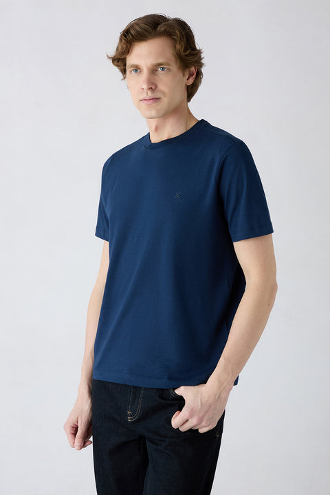 Lacivert-Lacivert Bisiklet Yaka Regular Fit %100 Pamuk 2'li Paket Basic Tişört Seti