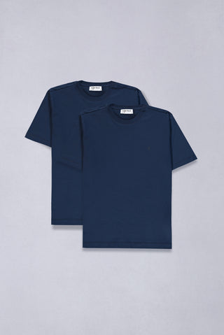  Lacivert-Lacivert Bisiklet Yaka Regular Fit %100 Pamuk 2'li Paket Basic Tişört Seti