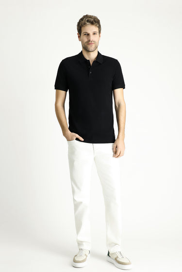  Siyah Slim Fit Dar Kesim Nakışlı Pamuk Polo Yaka Tişört