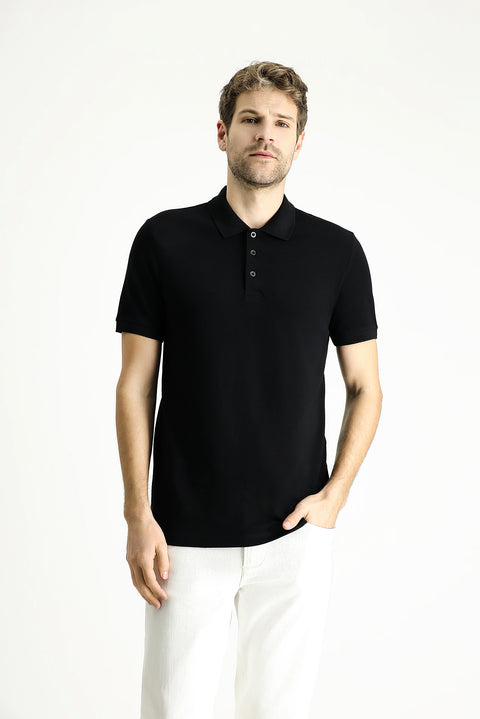 Siyah Slim Fit Dar Kesim Nakışlı Pamuk Polo Yaka Tişört