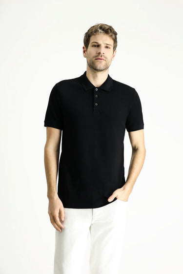  Siyah Slim Fit Dar Kesim Nakışlı Pamuk Polo Yaka Tişört