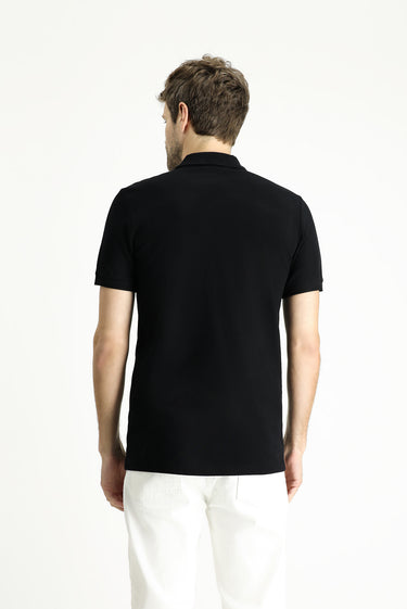  Siyah Slim Fit Dar Kesim Nakışlı Pamuk Polo Yaka Tişört