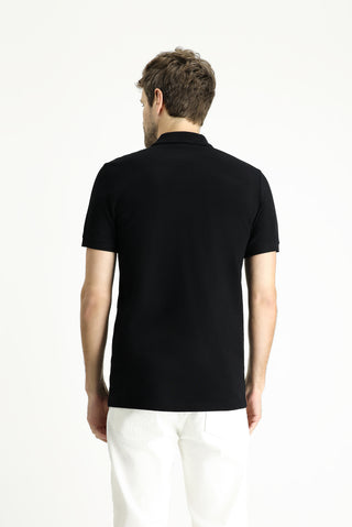  Siyah Slim Fit Dar Kesim Nakışlı Pamuk Polo Yaka Tişört