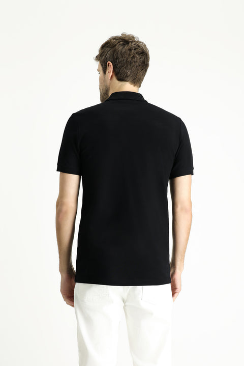 Siyah Slim Fit Dar Kesim Nakışlı Pamuk Polo Yaka Tişört