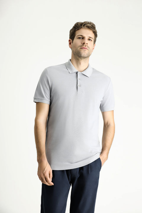 Orta Gri Slim Fit Dar Kesim Nakışlı Pamuk Polo Yaka Tişört