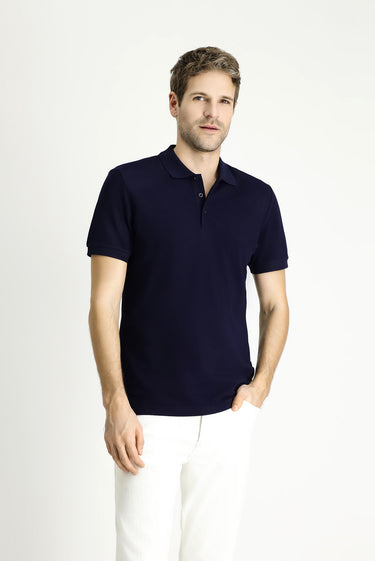 Koyu Lacivert Slim Fit Dar Kesim Nakışlı Pamuk Polo Yaka Tişört