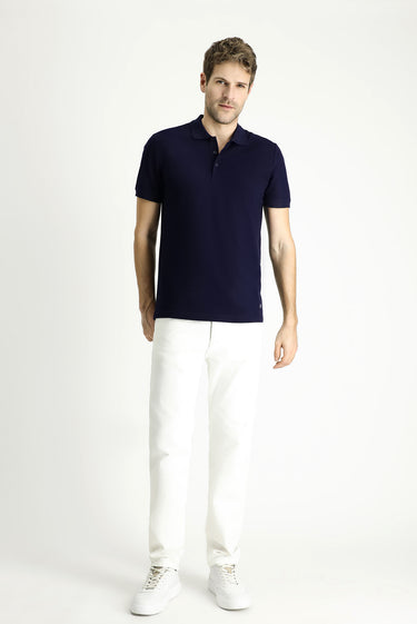 Koyu Lacivert Slim Fit Dar Kesim Nakışlı Pamuk Polo Yaka Tişört