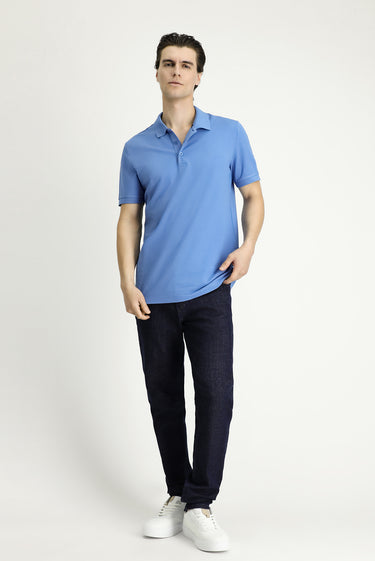  Havacı Mavi Slim Fit Dar Kesim Nakışlı Pamuk Polo Yaka Tişört
