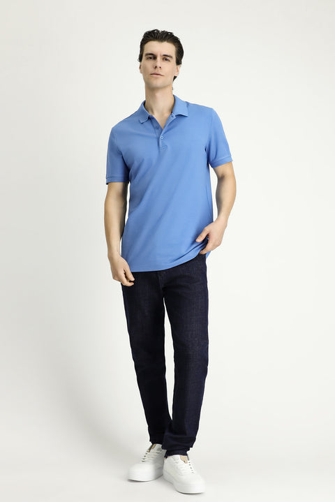 Havacı Mavi Slim Fit Dar Kesim Nakışlı Pamuk Polo Yaka Tişört