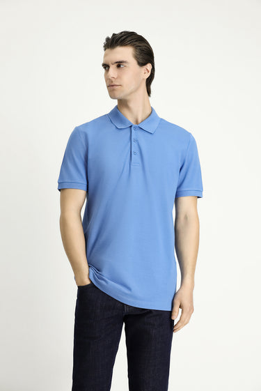  Havacı Mavi Slim Fit Dar Kesim Nakışlı Pamuk Polo Yaka Tişört