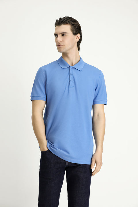 Havacı Mavi Slim Fit Dar Kesim Nakışlı Pamuk Polo Yaka Tişört