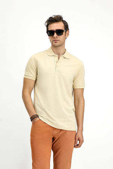 Açık Bej Slim Fit Dar Kesim Nakışlı Pamuk Polo Yaka Tişört