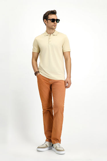 Açık Bej Slim Fit Dar Kesim Nakışlı Pamuk Polo Yaka Tişört