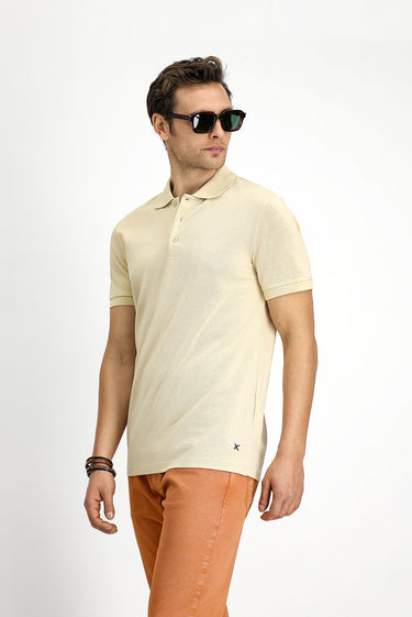 Açık Bej Slim Fit Dar Kesim Nakışlı Pamuk Polo Yaka Tişört