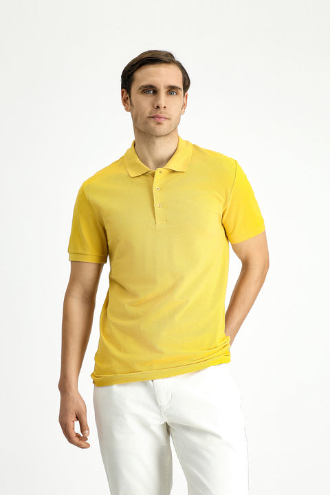 Sarı Slim Fit Dar Kesim Nakışlı Pamuk Polo Yaka Tişört