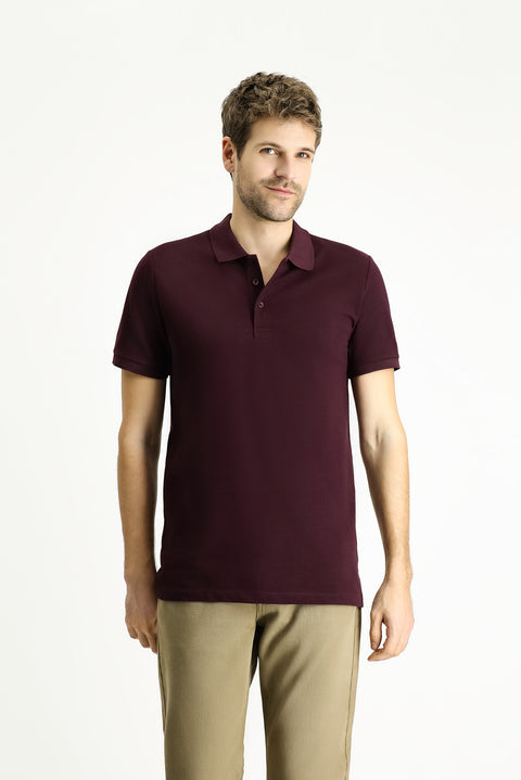 Koyu Bordo Slim Fit Dar Kesim Nakışlı Pamuk Polo Yaka Tişört