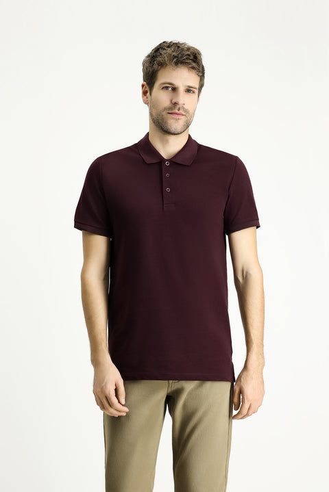 Koyu Bordo Slim Fit Dar Kesim Nakışlı Pamuk Polo Yaka Tişört