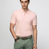 Toz Pembe Slim Fit Dar Kesim Nakışlı Pamuk Polo Yaka Tişört