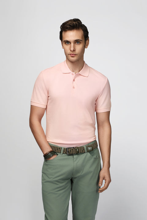 Toz Pembe Slim Fit Dar Kesim Nakışlı Pamuk Polo Yaka Tişört