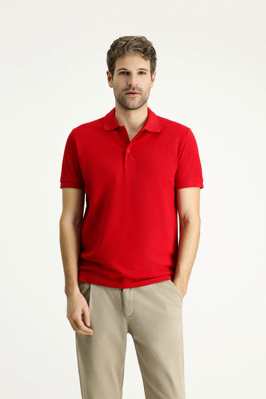 Açık Kırmızı Slim Fit Dar Kesim Nakışlı Pamuk Polo Yaka Tişört