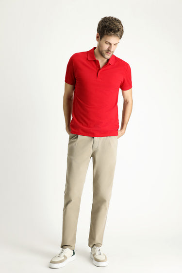 Açık Kırmızı Slim Fit Dar Kesim Nakışlı Pamuk Polo Yaka Tişört