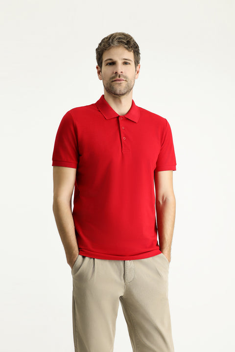 Açık Kırmızı Slim Fit Dar Kesim Nakışlı Pamuk Polo Yaka Tişört