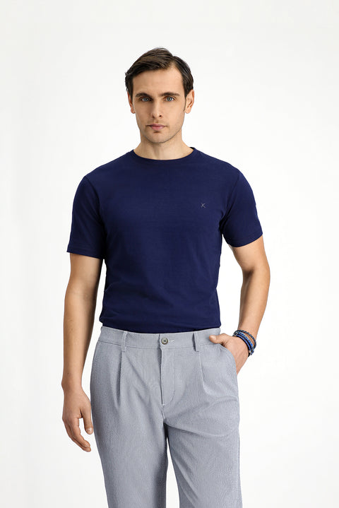 Koyu Lacivert Bisiklet Yaka Slim Fit Dar Kesim Pamuk Tişört