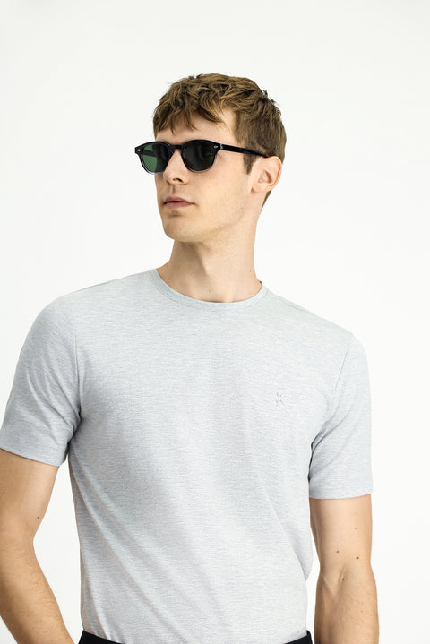 Light Grey Melange Crew Neck Slim Fit Soft Textured Cotton Lycra Stretch T-Shirt