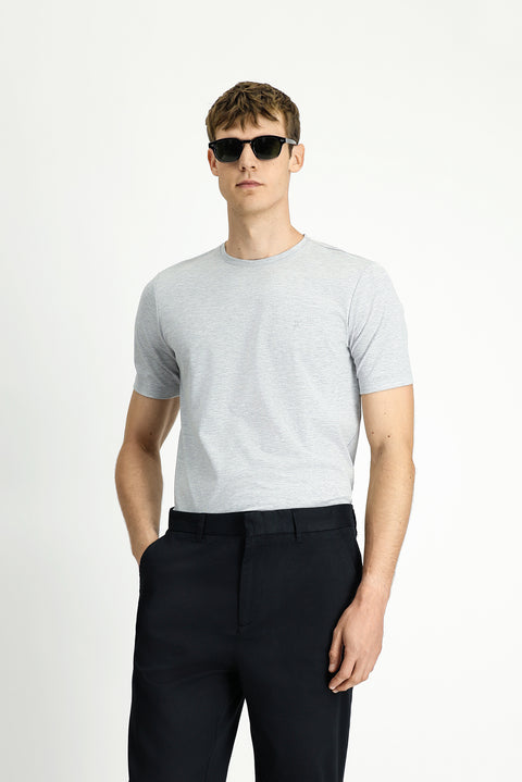 Açık Gri Melanj Bisiklet Yaka Slim Fit Yumuşak Dokulu Pamuklu Likralı Esnek Tişört