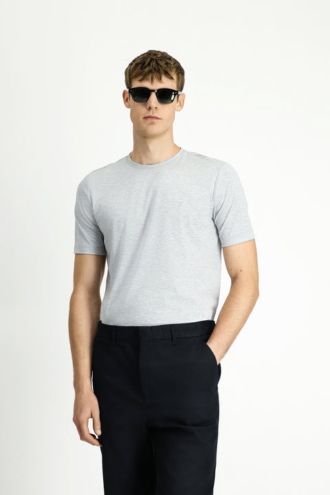 Açık Gri Melanj Bisiklet Yaka Slim Fit Yumuşak Dokulu Pamuklu Likralı Esnek Tişört